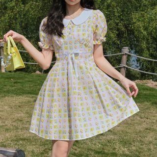 Puff-sleeve Floral Printed Peter Pan Collar Dress Floral - One Size