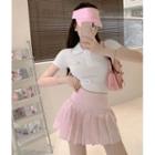 Cropped Furry Polo Shirt / High-waist Pleated Mini Skirt