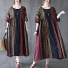 Short-sleeve Loose-fit A-line Dress Wine Red & Dark Blue - One Size