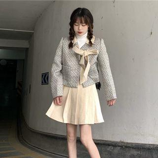 Bow Jacket / Turtleneck Plain T-shirt / Pleated Mini A-line Skirt