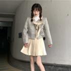 Bow Jacket / Turtleneck Plain T-shirt / Pleated Mini A-line Skirt