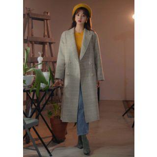 Wool Blend Plaid Long Chesterfield Coat Yellow - One Size