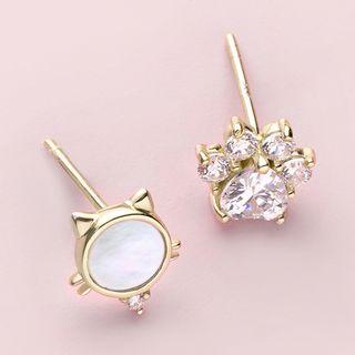 925 Sterling Silver Shell Cat Rhinestone Paw Earring 1 Pair - Gold - One Size
