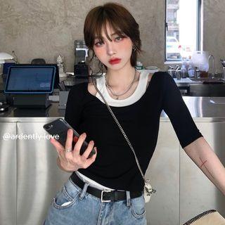 Mock Two-piece Crop T-shirt Black - One Size
