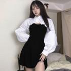 Spaghetti Strap Dress / Puff-sleeve Cropped Shirt
