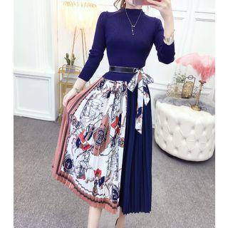 3/4-sleeve Midi A-line Pleated Dress