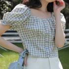 Puff-sleeve Gingham Blouse Gingham - Blue & White - One Size