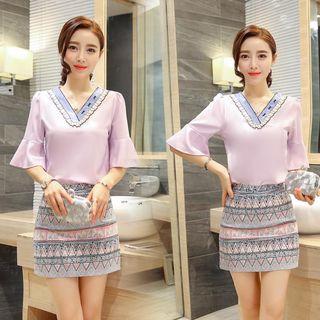 Set: Sequined V-neck Elbow Sleeve Chiffon Top + Patterned Mini Skirt