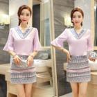 Set: Sequined V-neck Elbow Sleeve Chiffon Top + Patterned Mini Skirt