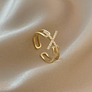 Cross Rhinestone Layered Alloy Open Ring J531 - Gold - One Size