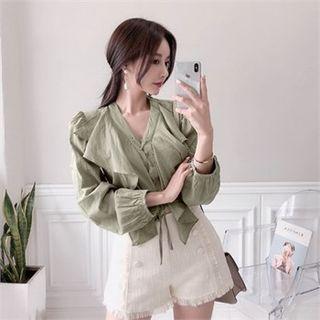 Padded-shoulder Ruffle-trim Cropped Blouse