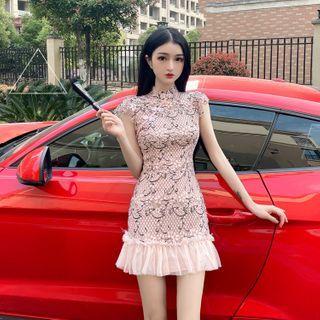 Mandarin Collar Lace Ruffle Hem Mini A-line Dress