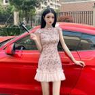 Mandarin Collar Lace Ruffle Hem Mini A-line Dress