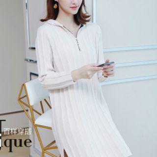 Half-zip Hooded Ribbed Long-sleeve Knit Dress