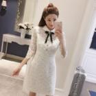 3/4-sleeve Lace Panel Collared A-line Dress