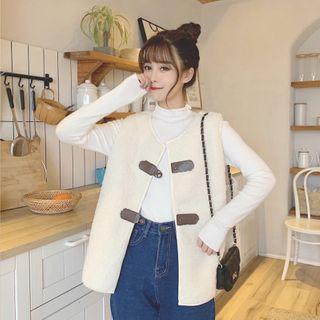 Fleece Button Vest / Mock Turtleneck Long-sleeve Knit Top