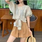Elbow-sleeve Frill Trim Front Knotted Top / Wide-leg Shorts