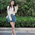 Plain Lace Cardigan / High-waist Washed A-line Mini Skirt / Floral Top