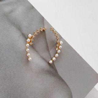 Rhinestone Faux Pearl Earring 1 Pair - S925 Silver Stud Earrings - Gold & White - One Size