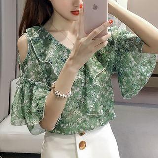 Flora Print Cut Out Shoulder Elbow Sleeve Blouse