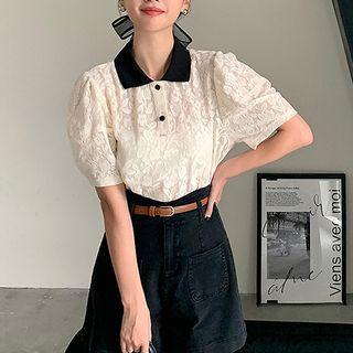 Short-sleeve Lace Polo Shirt Black & Beige - One Size