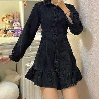 Long-sleeve Denim A-line Dress Denim Black - One Size
