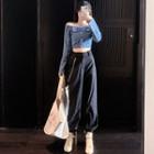 Long-sleeve Off-shoulder Denim Crop Top / Harem Pants