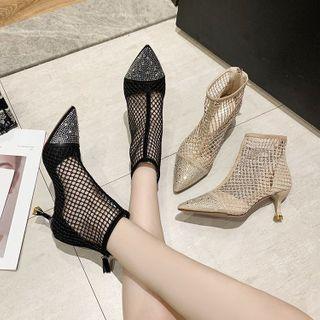 Pointed Rhinestone Mesh Flared Heel Short Boots