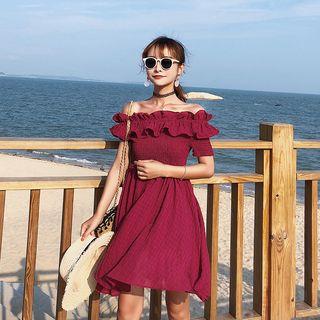 Shirred Off-shoulder Short-sleeve Dress