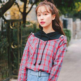 Plaid Panel Mock Two-piece Hoodie