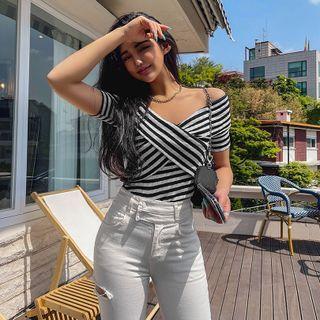 Two-way Wrap-front Stripe T-shirt