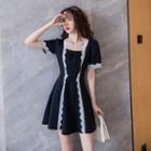 Short-sleeve Lace Trim Square-neck Mini A-line Dress
