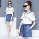 Set: Contrast Trim Cut Out Shoulder Short Sleeve Blouse + Wide Leg Shorts