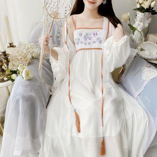 Set: Light Jacket + Spaghetti Strap Flower Embroidered Maxi Smock Dress