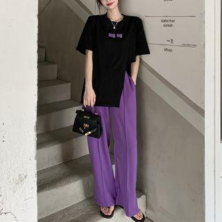 Short-sleeve Slit Lettering T-shirt / High-waist Wide-leg Pants