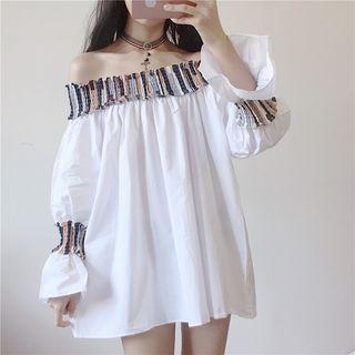 Printed Panel Off Shoulder Long Sleeve Dress