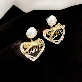 Love Lettering Heart Faux Pearl Earring 1 Pair - Gold & White - One Size