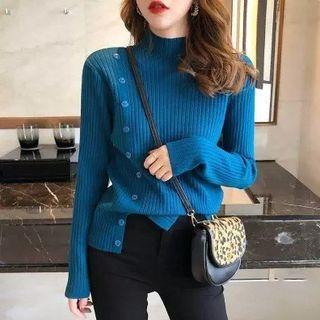 Semi Turtleneck Plain Button Loose Fit Sweater