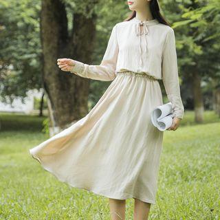 Tie Neck Long Sleeve Midi Chiffon Dress