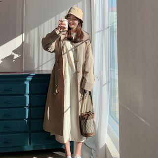 Contrast-collar Drawstring-waist Long Coat