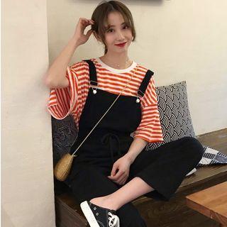 Striped Elbow-sleeve T-shirt / Drawstring Jumper Pants