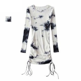 Long-sleeve Drawstring Tie Dye Mini Sheath Dress