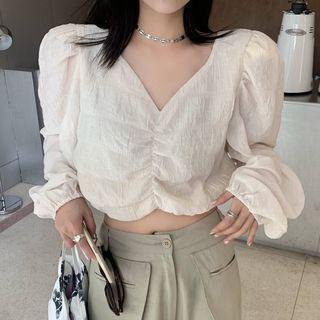V-neck Puff-sleeve Cropped Long-sleeve Shirt White - One Size