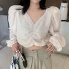 V-neck Puff-sleeve Cropped Long-sleeve Shirt White - One Size