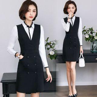 Contrast Trim Blouse / Sleeveless Double-breasted Sheath Dress / Set