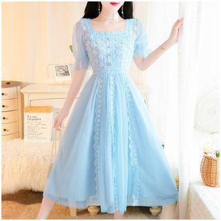 Puff-sleeve Lace Button-front Dress