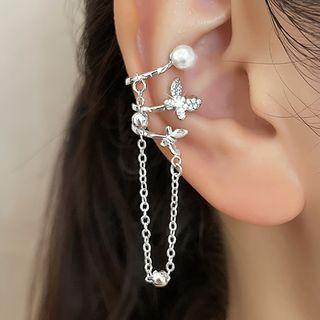 Butterfly Chained Ear Cuff 1 Pc - Right Ear - Silver - One Size
