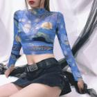 Print Long-sleeve Slim-fit Sheer Top