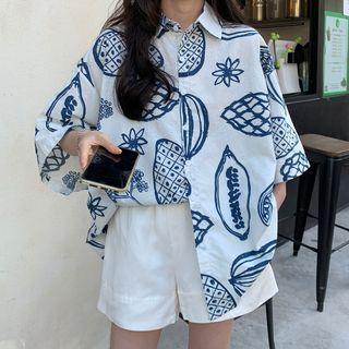 Elbow-sleeve Fruit Print Shirt White & Blue - One Size