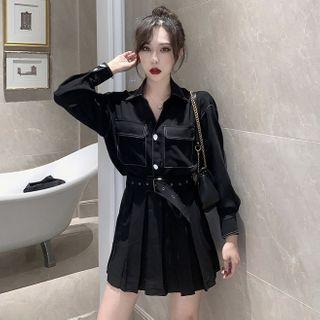 Set: Contrast Stitching Shirt + Pleated Mini A-line Skirt